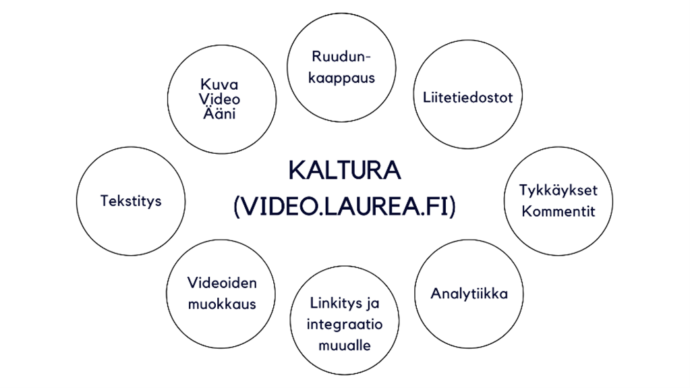 Kalturan keskeiset ominaisuudet: ruudunkaappaus, liitetiedostot, tykkäykset ja kommentit, analytiikka, integraatio ja linkitys, videoiden muokkaus, tekstitys sekä kuva, video ja ääni.