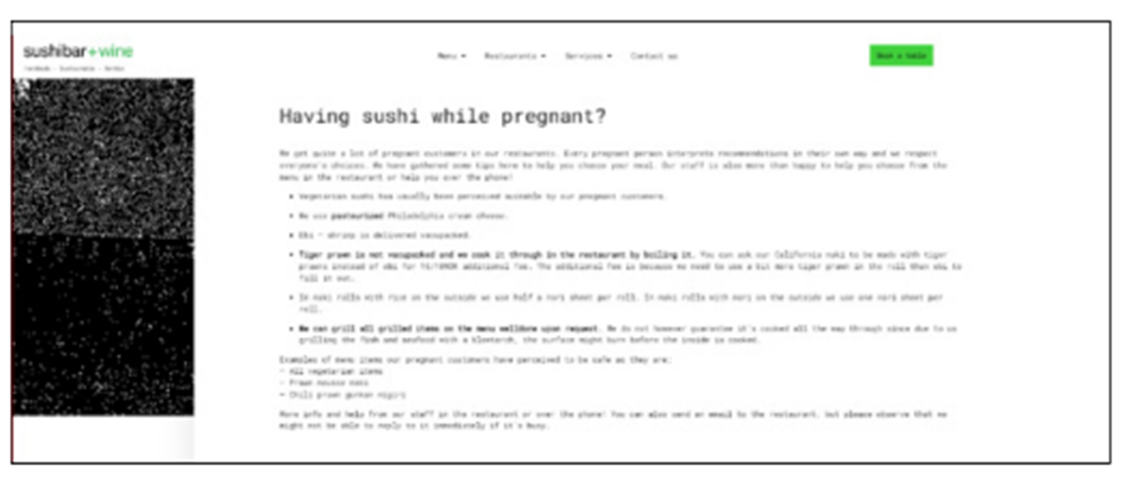 Sushibar + Wine ravintolan verkkosivuilta otetuissa kuvakaappauksissa on esitetty alasivu, jossa kerrotaan tuotteista jotka ovat suomalaisten suositusten mukaisia raskauden aikana.