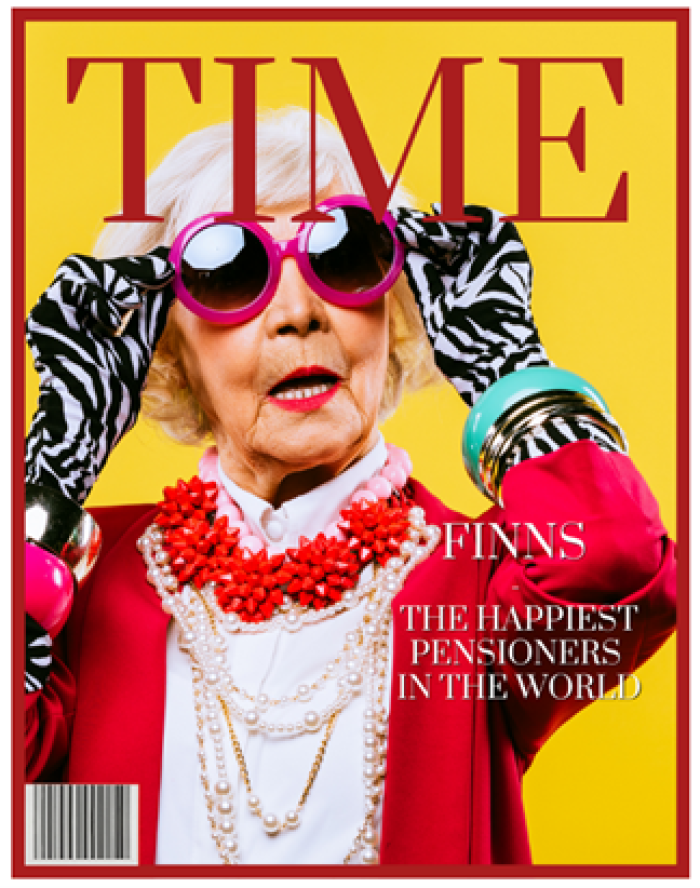 kuvituskuva Time-lehden kannesta, jossa vireä seniori.