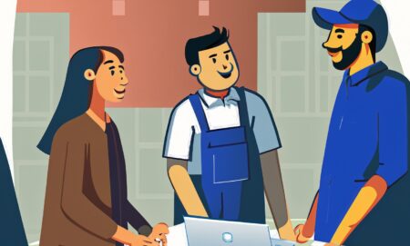 piirroskuvassa kolme henkilöä keskustelee työpaikalla tietokoneen ääressä.