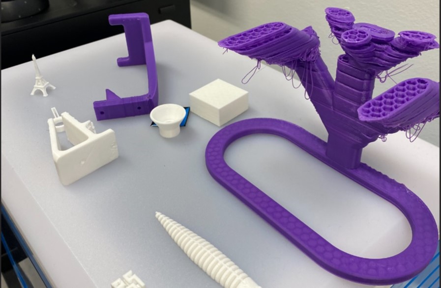 Purple 3D prints in Leppävaara campus digital living lab.