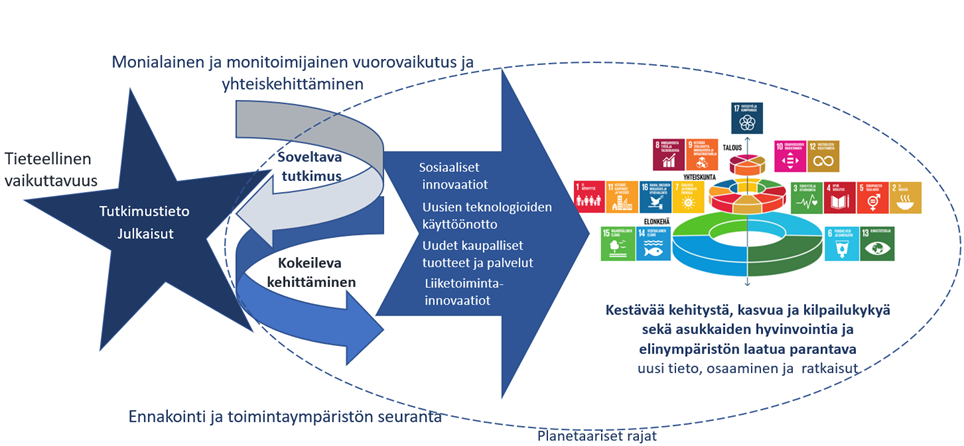 Ammattikorkeakoulujen vaikuttavuus syntyy monialaisessa ja monitoimijaisessa vuorovaikutuksessa yhteiskehittämällä sekä ennakointia ja toimintaympäristön seurantaa hyödyntämällä.  Soveltava tutkimus tuottaa tieteellistä vaikuttavuutta lähinnä julkaisutoiminnan avulla. Kokeileva kehittäminen edistää sosiaalisia innovaatioita, uusien teknologioiden käyttöönottoa, uusien kaupallisten tuotteiden ja palveluiden kehittämistä sekä uusien liiketoiminta-innovaatioiden syntymistä.  Niiden avulla konkreettisesti edistetään kestävää kehitystä (Sustainable Development Goals, SDG), kasvua ja kilpailukykyä sekä asukkaiden hyvinvointia ja elinympäristön laatua tuottamalla niitä palvelevaa uutta tietoa, osaamista ja ratkaisuja. Kokonaiskestävyyden näkökulmasta kaiken tämän tulee tapahtua planetaaristen rajojen sisällä.