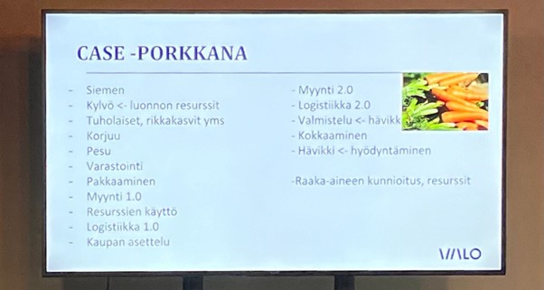 kuvassa näkyy porkkanan matka pellolta pöytään eri työvaiheineen, sisältäen mm. kylvön, logistiikan ja valmistuksen moninaiset työvaiheet. 