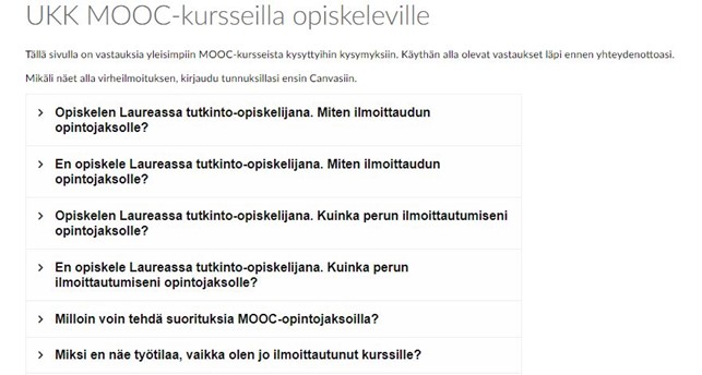 Kuvakaappaus usein kysytyt kysymykset osion alkuosasta MOOCeilla. Kysymykset koskevat esimerkiksi ilmoittautumista tai sen perumistatai miksi työtila ei näy.