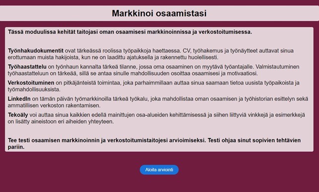 kuvan esimerkki on h5p-elementin itsearvinoinnista nimeltään Markkinoi osaamistasi. Elementti ohjaa työnhakuun, työhaastatteluun, verkostoitumiseen, Linkediniin ja tekaälyyn liittyvissä asioissa.