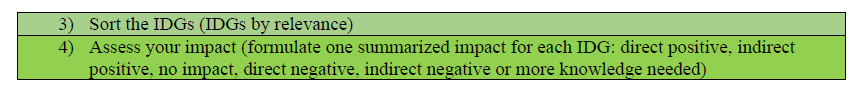 3)	Sort the IDGs (IDGs by relevance)
4)	Assess your impact (formulate one summarized impact for each IDG: direct positive, indirect positive, no impact, direct negative, indirect negative or more knowledge needed).