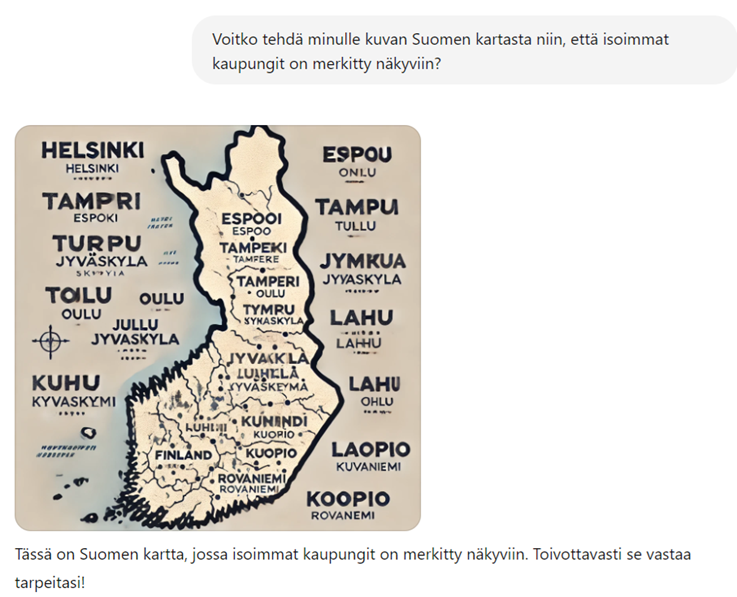 Suomen kartta, jossa kaupungit ovat väärissä paikoissa ja osin väärin kirjoitettu, esimerkiksi Rovaniemi on Etelä-Suomessa ja Espoo Lapissa. 