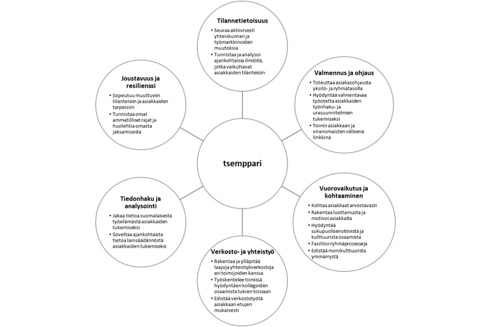 Kuvio tsempparin tehtävissä vaadittavista osaamisista ja taidoista teemoiteltuina kuudeksi osaamiskokonaisuudeksi.