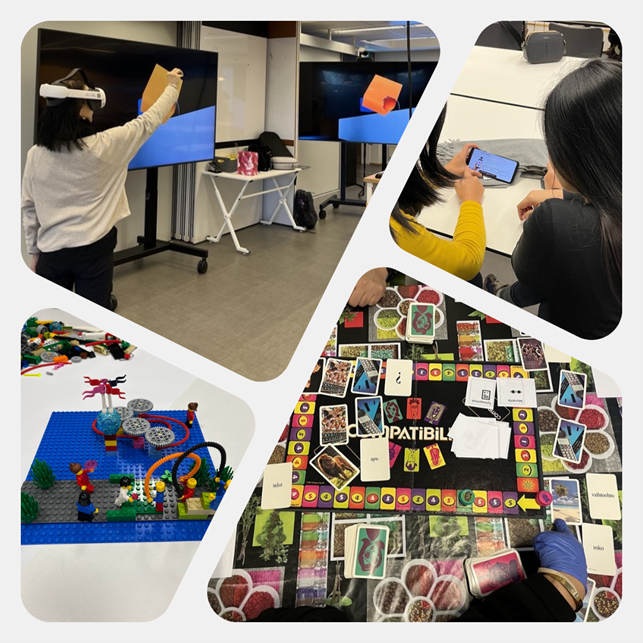 Collage of four images: one person with VR glasses, two people with a mobile phone, LEGO® SERIOUS PLAY®, and a board game. 