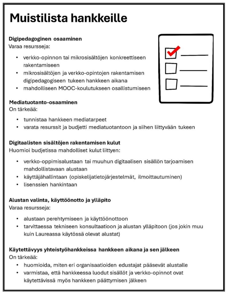 Kuvassa esitetään tiiviisti luettelomuodossa artikkelissa läpikäytyjä huomioita digipedagogisesta osaamisesta, mediatuotannosta, digitaalisten sisältöjen rakentamisen kuluista, alustan valinnasta ja ylläpidosta sekä alustan käytettävyydestä yhteistyöhankkeissa, joita hankkeiden on hyvä huomioida ja suunnitteluvaiheessa. Oikeassa reunassa on kuvake muistilistasta, jossa yksi ruuduista on rastitettu punaisella.