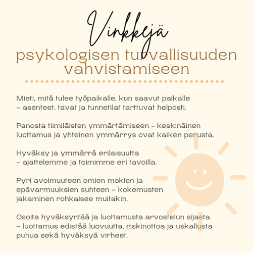 Vinkkejä psykologisen turvallisuuden vahvistamiseen
•	Mieti mitä tulee työpaikalle, kun saavut paikalle – asenteet, tavat, ja tunnetilat tarttuvat helposti.
•	Panosta tiimiläisten ymmärtämiseen – keskinäinen luottamus ja yhteinen ymmärrys on kaiken perusta.
•	Hyväksy ja ymmärrä erilaisuutta – ajattelemme ja toimimme eri tavoilla.
•	Pyri avoimuuteen omien mokien ja epävarmuuksien suhteen – kokemusten jakaminen rohkaisee muitakin.
•	Osoita hyväksyntää ja luottamusta arvostelun sijasta – luottamus edistää luovuutta, riskinottoa ja uskallusta puhua sekä hyväksyä virheet.
