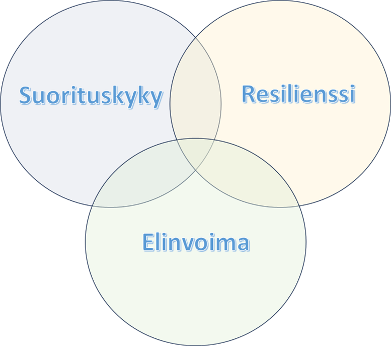 Kuvassa on kolme palloa, jotka menevät limittäin toistensa päälle. Pallot kuvaavat suorituskykyä, resilienssiä ja elinvoimaa. Yritykset tarvitsevat niitä kaikkia pärjätäkseen muuttuvassa toimintaympäristössä.