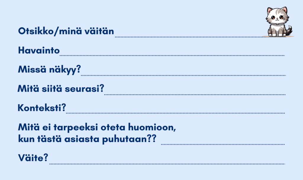 Kirjoitusharjoituksen pohja, jossa on valmiina kysymykset: Otsikko/minä väitän; havainto; missä näkyy; mitä siitä seurasi; konteksti; mitä ei tarpeeksi oteta huomioon, kun tästä asiasta puhutaan; väite. Kysymysten perässä tyhjää tilaa vastauksille. 