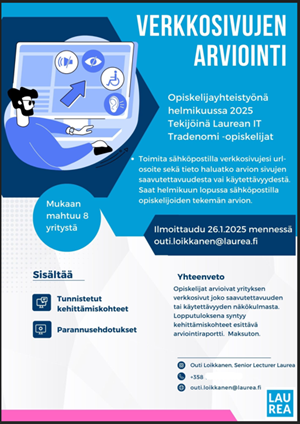 Kuvaus verkkosivujen arviointi -projektin konseptista, jossa opiskelijat arvioivat yrityksen verkkosivujen saavutettavuutta ja käytettävyyttä. Kuvassa korostetaan yrityksen kevyttä osallistumista sekä saatua konkreettista hyötyä, kuten tunnistettuja kehittämiskohteita ja parannusehdotuksia. 