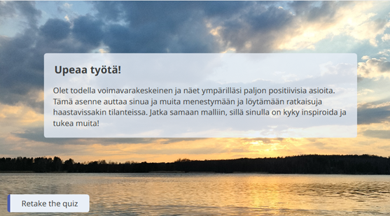 Kuinka voimavarakeskeinen olen -testin lopputulos hyvin voimavarakeskeiselle henkilölle.