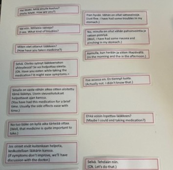 Harjoituksessa käytettyjä dialogikortteja.