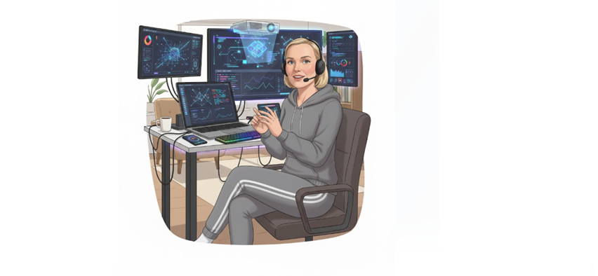 Vaaleahiuksinen nainen istuu verkkariasussa tietokoneen äärellä, koneessa on 5 eri näyttöä.