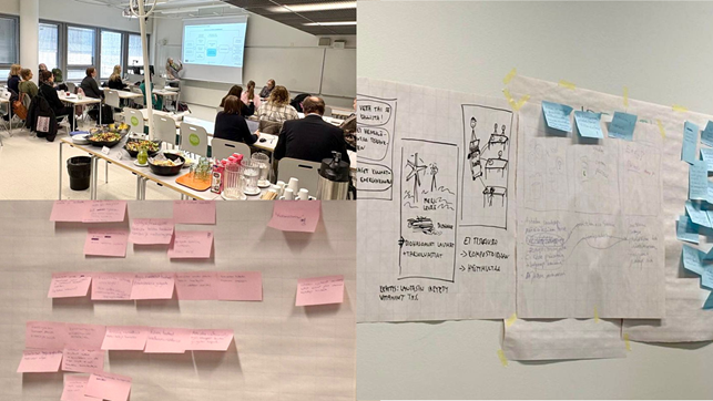 Kollaasi ImpAct-hankkeen innovointipajasta. Kuvissa osallistujat työskentelevät työpajatiloissa ja seinille on koottu fläppipapereita, post-it-lappuja sekä luonnoksia innovointityön tueksi.