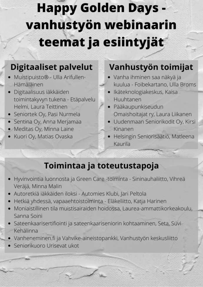 Happy Golden Days -webinaarin ohjelma.