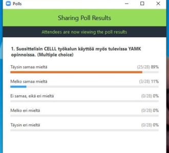 Kyselyn tulokset esitettynä. 89% opiskelijoista oli ’täysin samaa mieltä’, ja 11% ’melko samaa mieltä’ seuraavan väittämän kanssa: Suosittelisin CELLL-työkalun käyttöä myös tulevissa YAMK opinnoissa. 