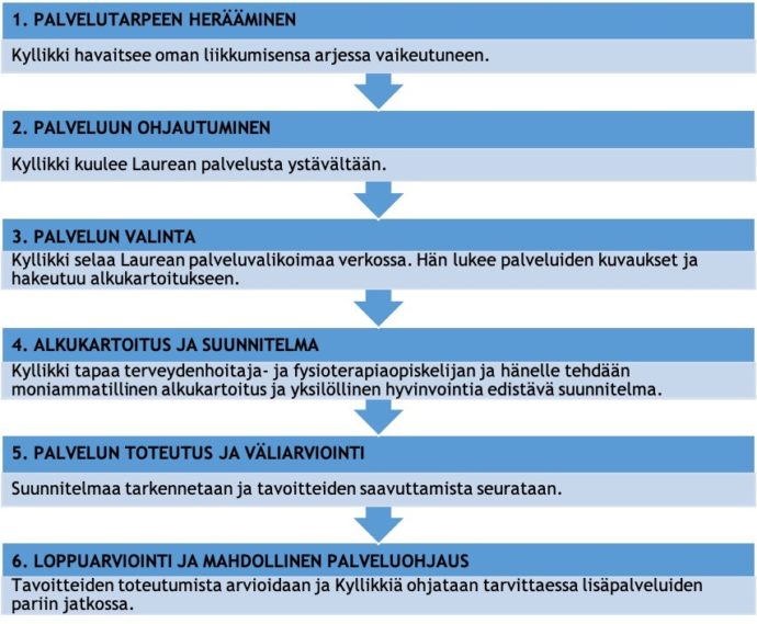 Kuviossa on kuvattu palvelupolun vaiheet: Palvelutarpeen herääminen, palveluun hakeutuminen, palvelun valinta, alkukartoitus ja suunnitelma, palvelun toteutus ja väliarviointi sekä loppuarviointi ja mahdollinen palveluohjaus.