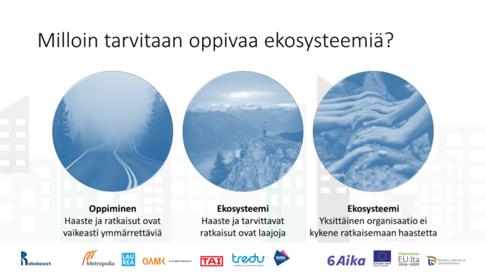  Kuvan otsikko on milloin tarvitaan oppivaa ekosysteemiä? Kuvassa on kolme osaa. Ensimmäinen on tie, joka päättyy sumuun. Se kuvaa sitä, että oppimista tarvitaan silloin, kun haaste ja ratkaisut ovat vaikeasti ymmärrettävissä. Toinen osa on ihminen, joka katsoo vuorelta avautuvaa näkymää. Se viittaa siihen, että silloin, kun haaste ja tarvittavat ratkaisut ovat laajoja, tarvitaan ekosysteemejä. Kuvan kolmannessa osassa on ihmisten käsiä saman puun rungon päällä. Sen alla lukee, että ekosysteemiä tarvitaan silloin, kun yksittäinen organisaatio ei kykene ratkaisemaan haastetta. 