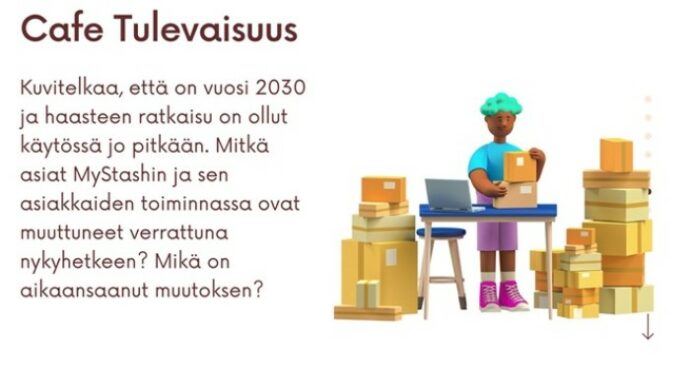 Kuva pakettien keskellä seisovasta vihreä-hiuksisesta hahmosta kannettavan tietokoneen kanssa ja kuvassa teksti: World-cafen tulevaisuusaiheinen tehtävänanto: kuvitelkaa, että on vuosi 2030 ja haasteen ratkaisu on ollut käytössä jo pitkään. Mitkä asiat MyStashin ja sen asiakkaiden toiminnassa ovat muuttuneet verrattuna nykyhetkeen? Mikä on aikaansaanut muutoksen?