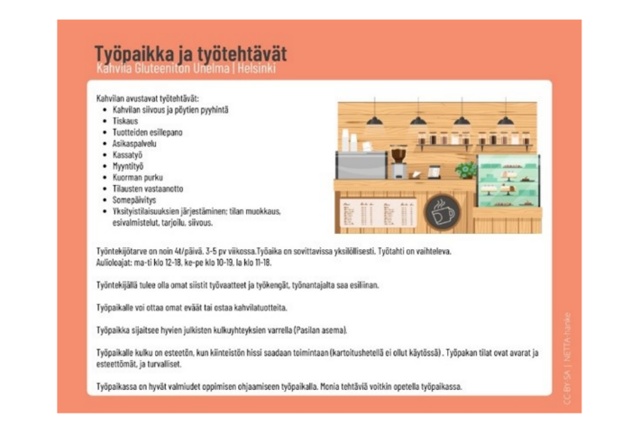 Kuviossa on listattu kahvilassa hoidettavia työtehtäviä ja työpaikan käytäntöjä. Kuvioon sisältyy piirroskuva kahvilasta.