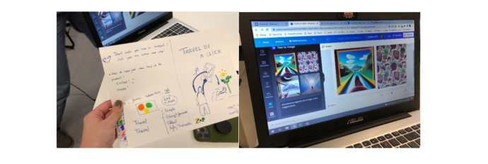 Ihmisen kädessä piirretty luonnos, jossa on teksti Travel by a Click ja ihmishahmo. Kuva 2. Tietokoneen ruutu, jossa näkyy luonnoksia tekoälygeneraattorin tuotoksesta, jossa näkyy tie ja taivas ja toisessa värillisiä, ei-esittäviä muotoja.