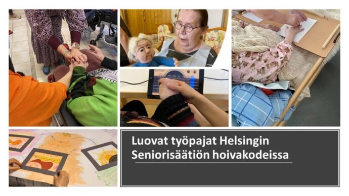 Kuvakollaasi luovista työpajoista, joissa muun muassa soitettiin kitaraa tabletilla, tutustuttiin Tarinamummoon sekä tehtiin kuvataidetta.