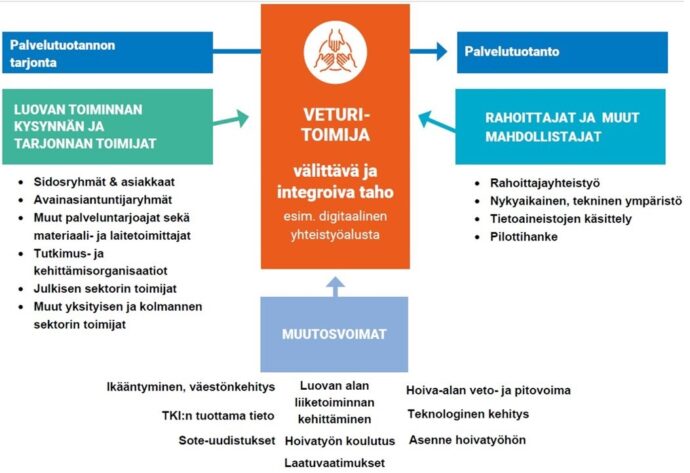 LuovaHoiva-yhteistoimintamalli koostuu välittävästä ja integroivasta tahosta eli veturitoimijasta, palvelutuotannon tarjonnasta, luovan toiminnan kysynnän ja tarjonnan toimijoista, rahoittajista ja muista mahdollistajista sekä yhteiskunnallisista muutosvoimista.