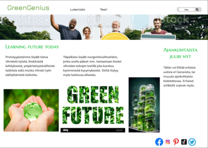 Kuva opiskelijoiden GreenGenius nimisestä verkkosivustosta, josta voi löytää tietoa ja ajankohtaisia uutisia vihreästä työstä ja osaamisesta