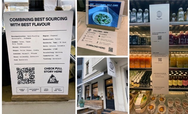 Ravintola Daluman kassalla esitellään infograafisin elementein Daluma-sovellusta, josta löytyy muun muassa erilaisia terveysohjelmia, sekä terveysaiheisia tapahtumia. Kahvin osalta yksinkertainen visuaalinen ohje avaa kahvipapujen ketjua pellolta pöytään. Mehujen osalta kerrotaan napakasti raaka-aineiden olevan 100 % kestävää alkuperää, käytettyjen kasvisten osuus per litra, sekä pakkausten kestävyydestä. Lisätietoa on saatavilla QR-koodin takaa. 