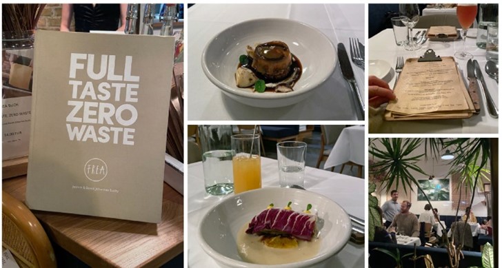 Ravintola Frea viestii vastuullisuudesta erittäin vähäeleisesti: ravintolan menu ja visuaalinen ilme ovat erittäin minimalistisia, tiskillä on esillä Frean kokkauskirja Zero Waste full taste.