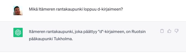 Kuvassa tekoälyltä kysytään Itämeren rantakaupunkia, joka loppuu D-kirjaimeen. Vastaus on tekoälyn mielestä Tukholma.