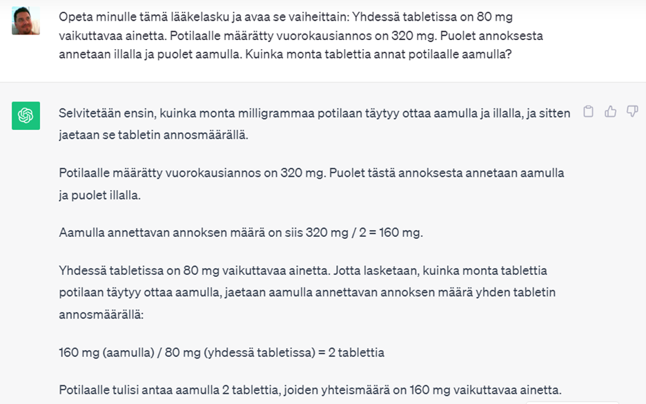 Kuvassa pyydetään tekoälyä opettamaan lääkelaskua esimerkin avulla.