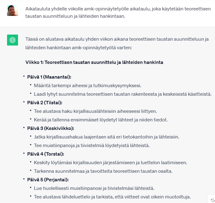 Kuvassa tekoäly aikatauluttaa opinnäytetyön osan tekemistä.
