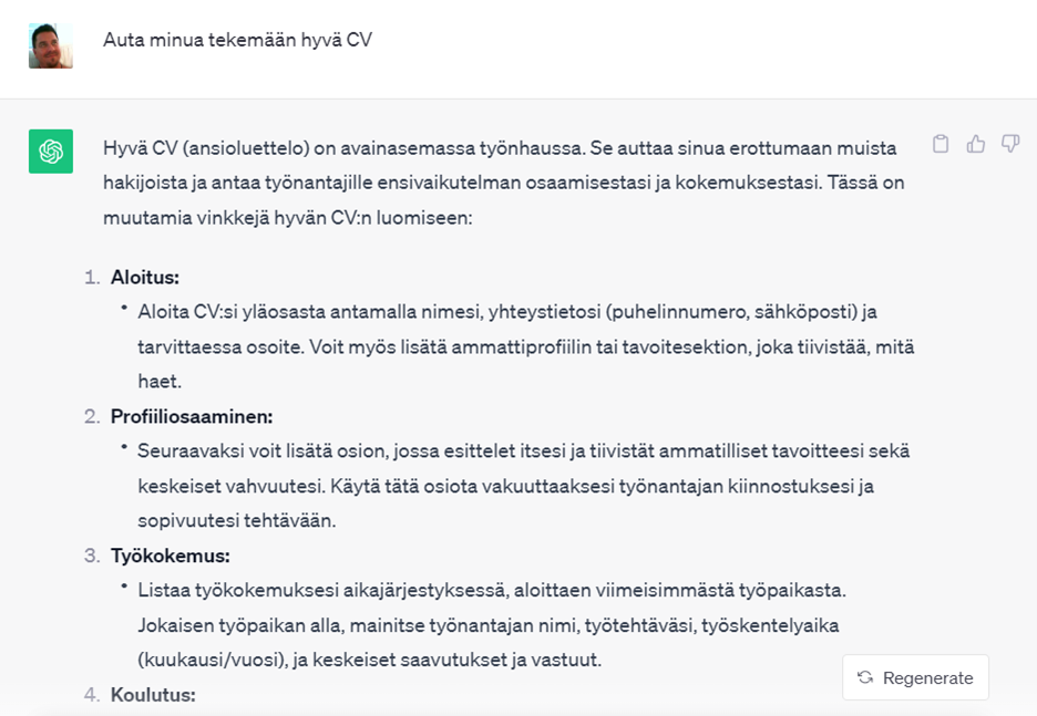 Kuvassa tekoäly ohjaa CV:n tekemiseen.