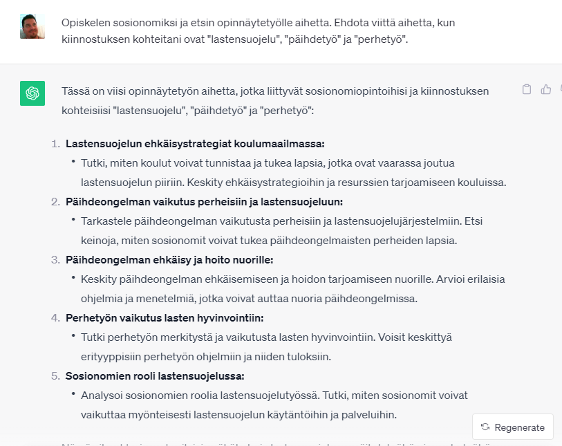 Kuvassa tekoäly ehdottaa opinnäytetyön aiheita.