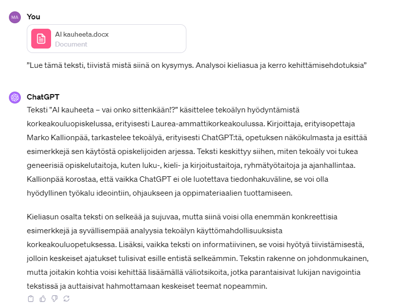 Kuvassa tekoäly antaa palautetta tästä artikkelista ja kaipaa monipuolisempia esimerkkejä.