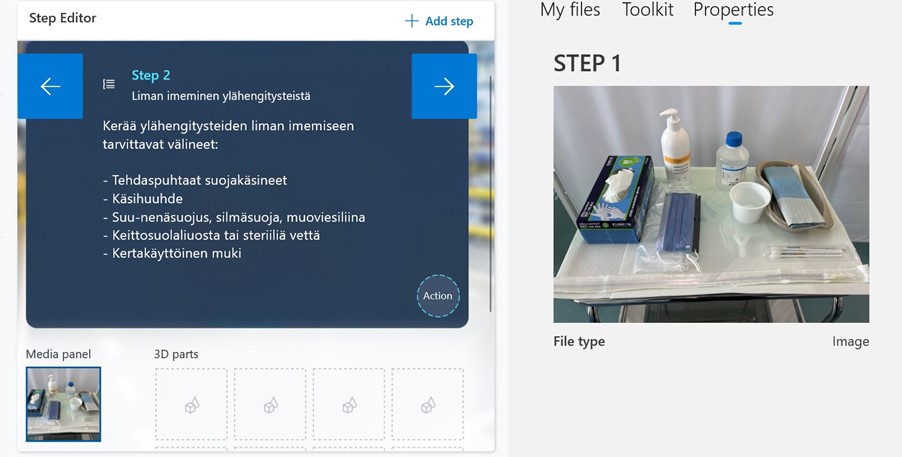 Alt-teksti: Näkymä Microsoft Dynamics 365 Guides -ohjelmasta. Ohjelman näytöllä oikealla puolella kuva tarvittavista työvälineistä ja vasemmalla puolella välineet lueteltu kirjallisesti.
