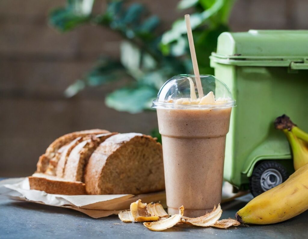 Kuvituskuva hävikkileivästä ja smoothiesta, jotka ovat menossa roskikseen.)