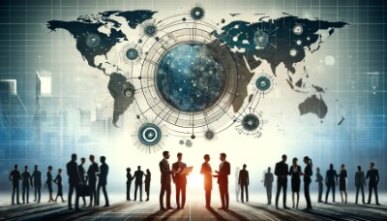 The image is a professional and structured visual representation for a business context, focusing on systemic innovation and the polycrisis. It features corporate figures engaged in partnership, demonstrating collaboration and strategic thinking. The scene includes interconnected diagrams or graphs symbolizing the complex challenges and solutions of various global crises. These elements are set against a backdrop suggesting a global business environment, emphasizing global interconnectedness. The formal tone of the image makes it suitable for corporate or academic settings, highlighting the importance of systemic thinking and partnerships in addressing complex, interrelated challenges.