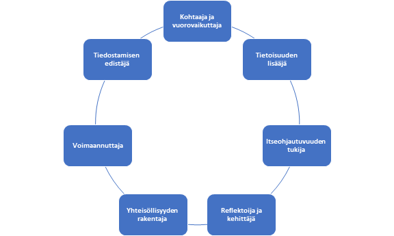 yksilön/ korkeakouluyhteisön jäsenen rooli pedagogisen hyvinvoinnin edistäjänä voi olla esimerkiksi kohtaaja ja vuorovaikuttaja, tietoisuuden lisääjä, itseohjautuvuuden tukija, reflektoija ja kehittäjä, yhteisöllisyyden rakentaja, voimaannuttaja tai tiedostamisen edistäjä. Roolit on kuvattu tarkemmin leipätekstissä alla. 