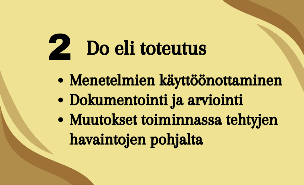 Toteutusvaihe: menetelmien käyttöönottaminen, dokumentointi ja arviointi sekä muutokset toiminnassa tehtyjen havaintojen pohjalta.