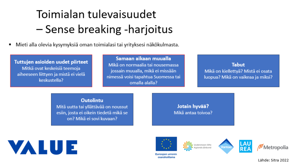 oimialan tulevaisuudet – Sense breaking -harjoitus. Mieti alla olevia kysymyksiä oman toimialasi tai yrityksesi näkökulmasta.
Tuttujen asioiden uudet piirteet
Mitkä ovat keskeisiä teemoja aiheeseen liittyen ja mistä ei vielä keskustella?
Samaan aikaan muualla
Mikä on normaalia tai nousemassa jossain muualla, mikä ei missään nimessä voisi tapahtua Suomessa tai omalla alalla?
Tabut
Mikä on kiellettyä? Mistä ei osata luopua? Mikä on vaikeaa ja miksi?
Outolintu
Mitä uutta tai yllättävää on noussut esiin, josta ei oikein tiedetä mikä se on? Mikä ei sovi kuvaan?