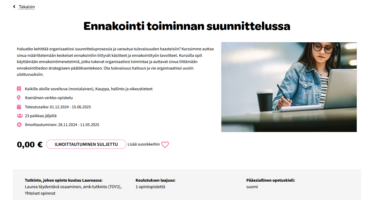 kuvakaappaus kurssin etuusivulta.
