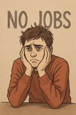 Kuvassa lukee ”no jobs” ja alakuloinen nuori nojaa käsiinsä.