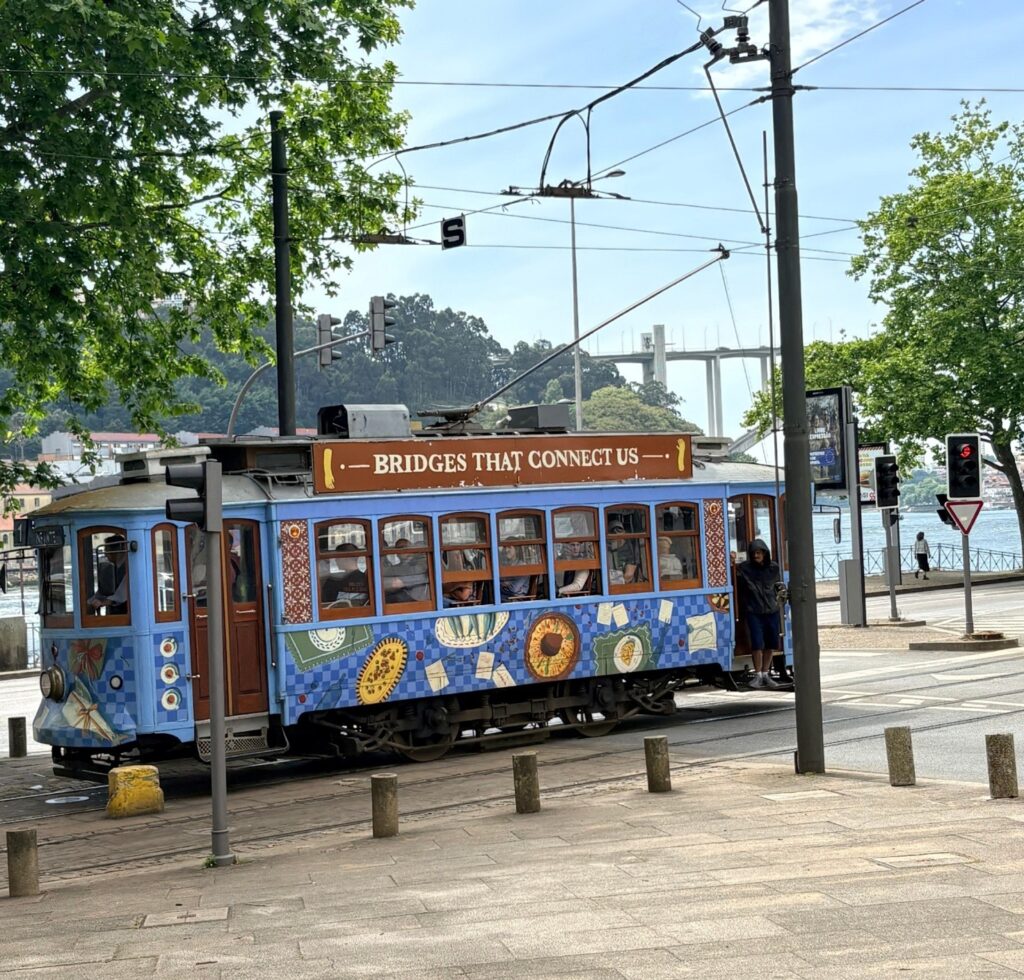 An old blue tram in Porto.