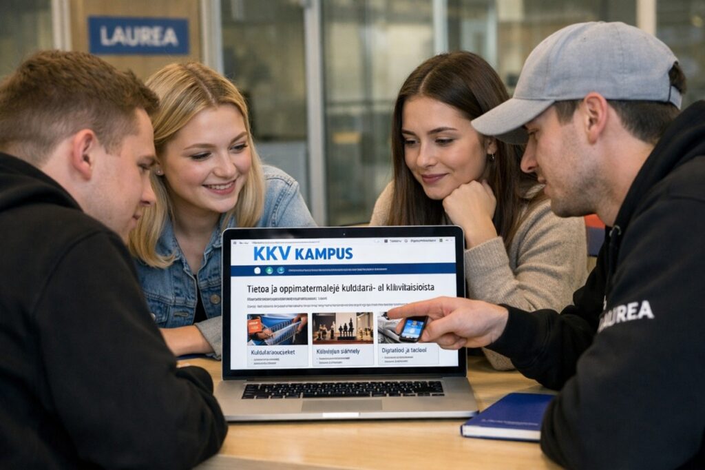 Neljä opiskelijaa istuu pöydän ääressä läppäri auki. Läppärin näytössä näkyy KKV Kampus.